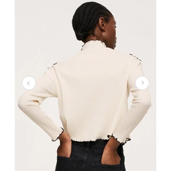 Mango MNG Ribbed Long Sleeve T-Shirt Cream Black Lettuce Edge Trim Mock Neck XS - Picture 8 of 13